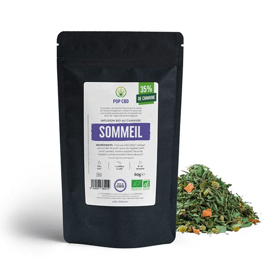 Poche noire de tisane CBD bio sommeil vrac POP CBD, étiquette et herbes en vrac