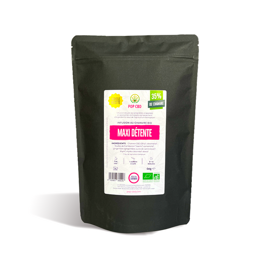 Poche de tisane CBD bio Maxi Détente POP CBD, sachet refermable vert foncé