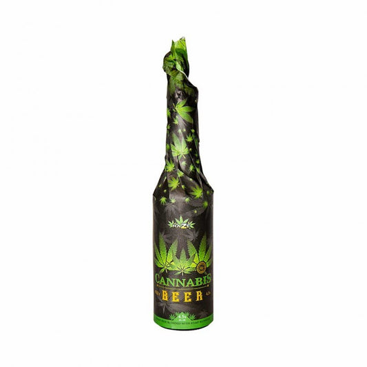Bouteille habillée de bière CBD 33 cl noire, feuilles de cannabis vertes, HAZE