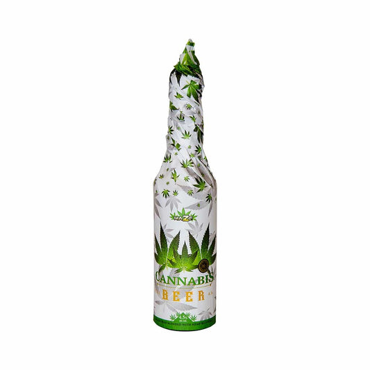 Bouteille habillée de bière CBD 33 cl blanche, feuilles de cannabis vertes, HAZE