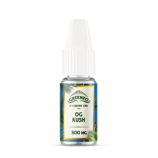 E-liquide CBD OG Kush 300 mg sans nicotine, flacon gouttes vert et jaune, embout blanc