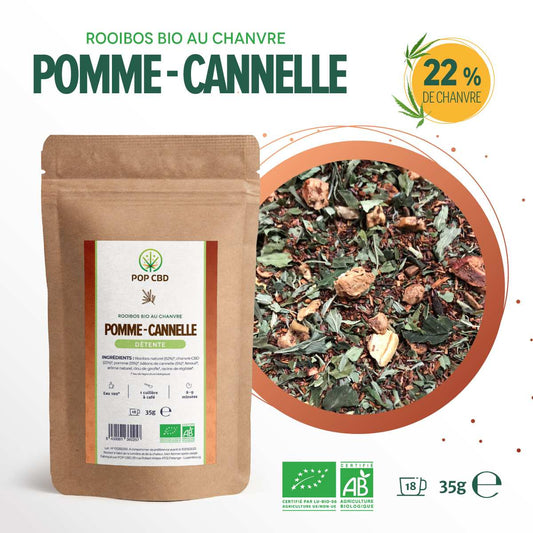 Pochette kraft POP CBD tisanes rooibos pomme-cannelle, étiquette avant, 35 g