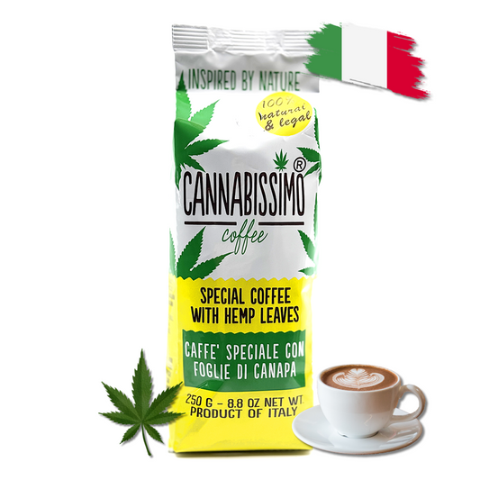 Sachet de café moulu CANNABISSIMO avec feuilles de chanvre, design vert et jaune.