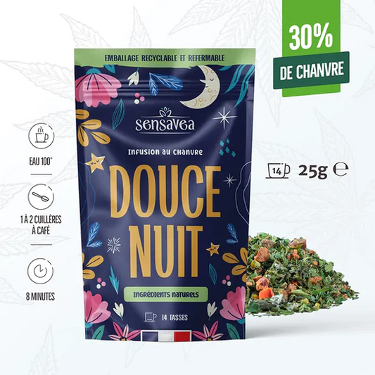 Tisane CBD douce nuit SENSAVEA, sachet 25 g, infusion au chanvre, emballage vert