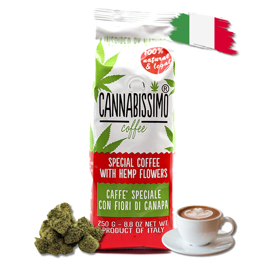 Café moulu CANNABISSIMO en sachet, fleurs de chanvre, avec tasse et soucoupe