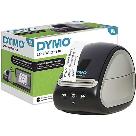 Imprimante d’étiquettes DYMO LabelWriter 550 noire avec boutons, vue avec boîte
