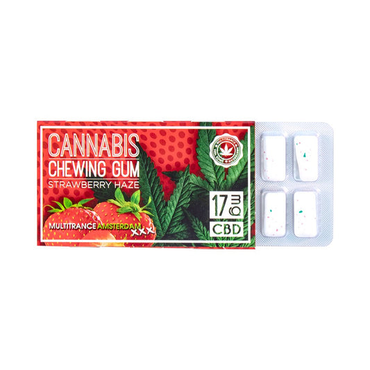 Boîte de chewing-gum CBD à la fraise, plaquette de gommes blanches dans un blister