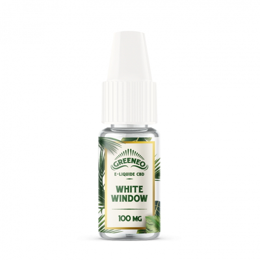 Flacon d’e-liquide CBD GREENEO White Window sans nicotine, étiquette verte et blanche