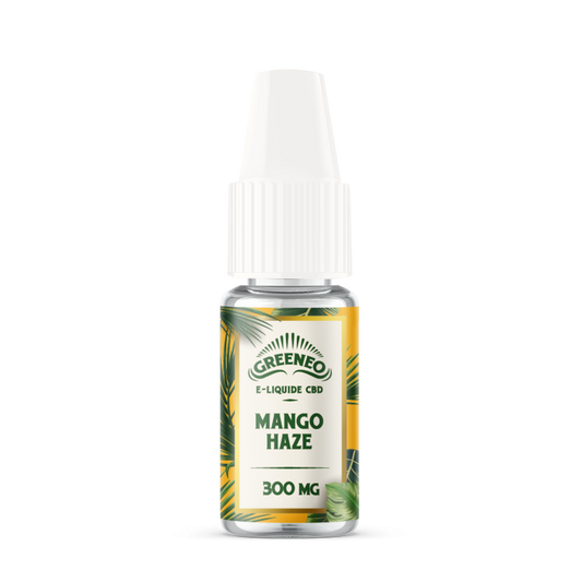 E-liquide CBD Mango Haze GREENEO sans nicotine, flacon 300 mg à embout blanc